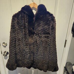 Womens Reversible Hooded Large Knitted Rex Rabbit Fur Jacket Raincoat Reversible